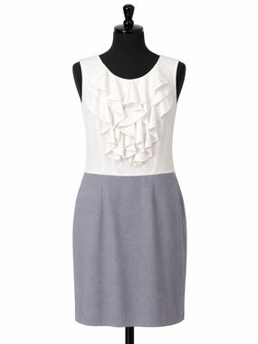 Sleeveless Two-Tone Ruffle Front Dress in White and Light Gray - 14